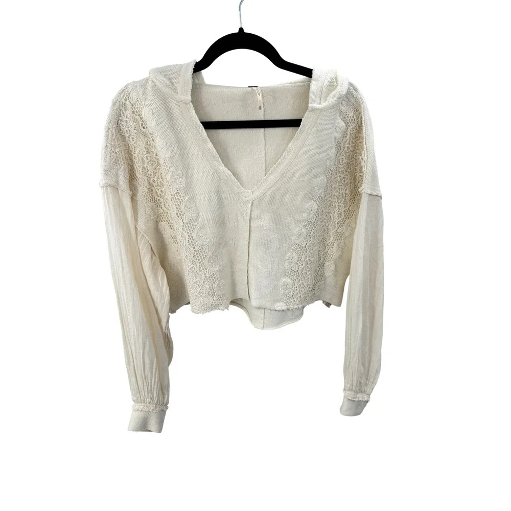 Free People Hoodie Crop Top Lacey Ivory Size XS Pullover Crochet Lace Boho
